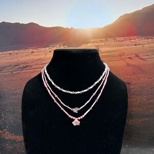 Pink and Silver Layered Necklace with Delicate Chains